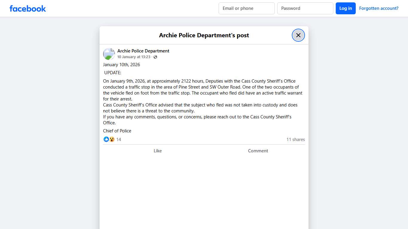 January 10th, 2026 UPDATE:... - Archie Police Department Facebook