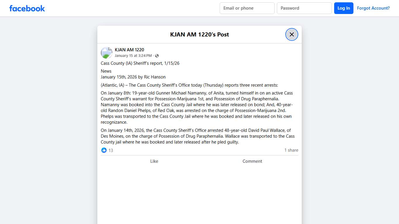 KJAN AM 1220 - Cass County (IA) Sheriff’s report, 1/15/26... Facebook